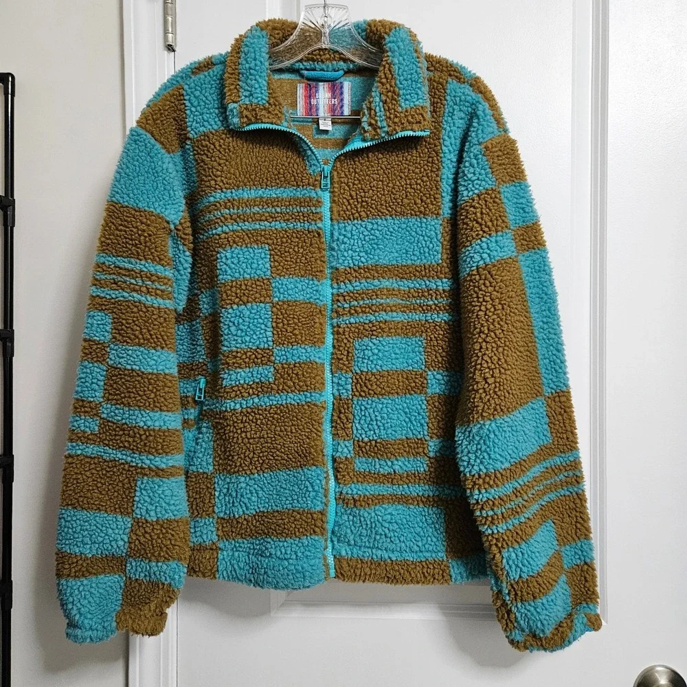 Urban Outfitters Fleece‎ Jacket Adult Sm Blue Brown Checkered Sherpa Full Zip